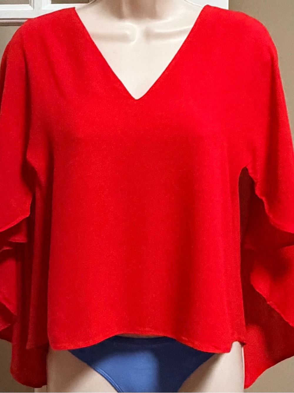 Zara Red V-Neck Bell Sleeve Top
